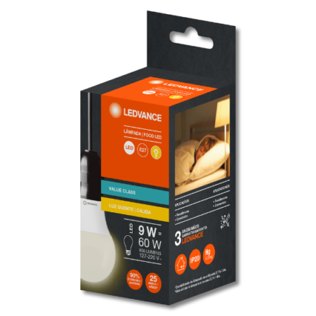 LÂMPADA LEDVANCE A60 9W 830 BASE E27 BIVOLT – LUZ BRANCA QUENTE