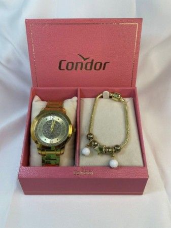 KIT RELÓGIO E PULSEIRA DOURADO CONDOR