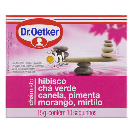 Chá Misto Hibisco, Cha Verde, Canela, Pimenta, Morango e Mirtilo Dr. Oetker Caixa 15g 10 Saquinhos