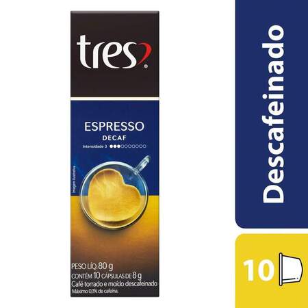 Café em Cápsula Torrado e Moído Espresso Descafeinado 3 Corações Caixa 80g 10 Unidades