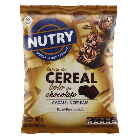 Pack Barra de Cereal Bolo de Chocolate Nutry Pacote 66g 3 Unidades