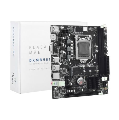 M1155 Placa Mãe LGA1155 Duex DXMBH61G M2 DDR3 Gigabit ((2x DDR3 / 1x PCI-E x16 2.0 / 1x PCI-E x1 / 1x M.2 / 1x VGA / 1x HDMI / 6x USB 2.0 ) - <b>Compatível com os processadores Intel 2ª e 3ª Gerações LGA1155</b>