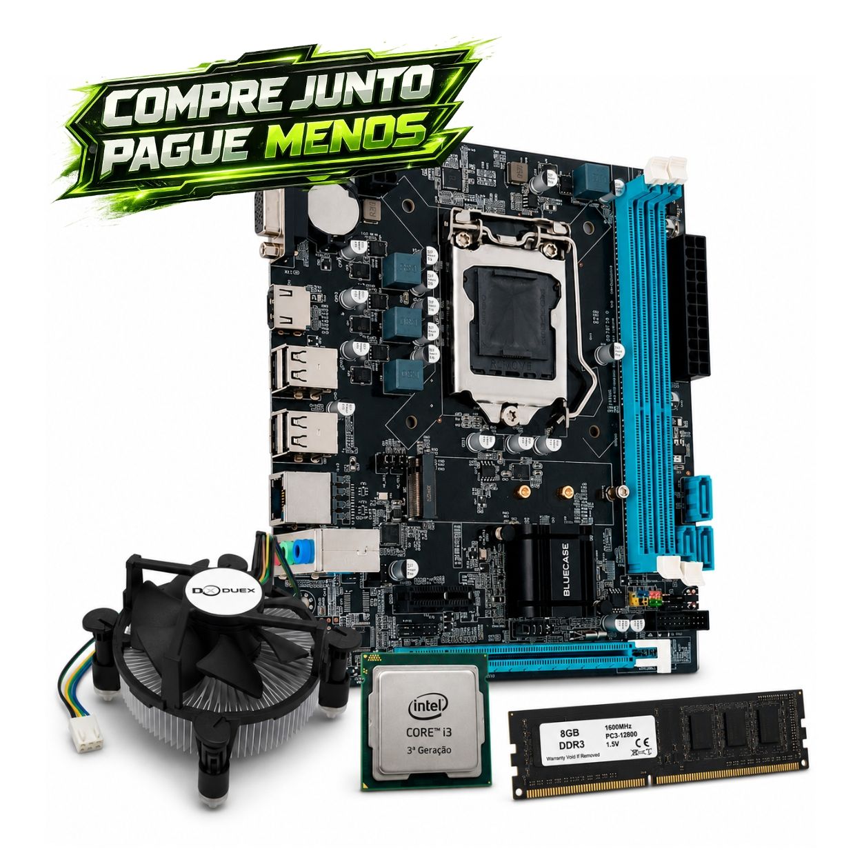 Kit Combo C/MB Bluecase H61 LGA1155 + Proc Intel Core i3 - 3ªG + Cooler + Memòria DDR3 8GB 1600Mhz