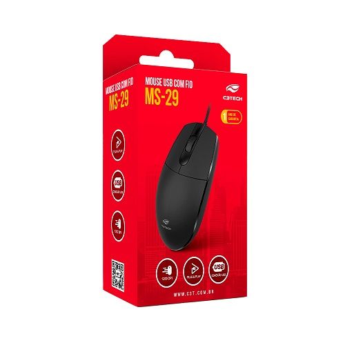 Mouse USB 1200dpi Preto Cabo 2 metros C3Tech - MS-29BK