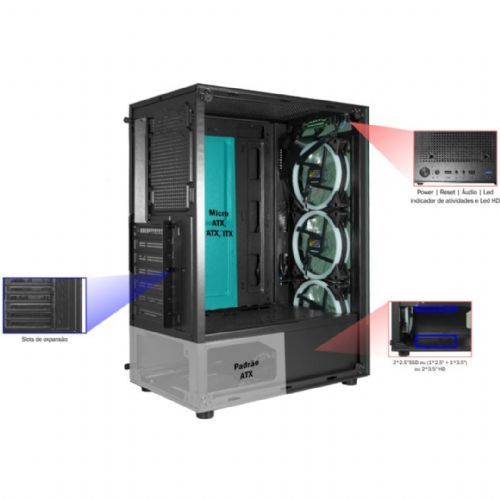 Gabinete Gamer com 03 Fan Cooler Multicolor K-MEX CG-30C5 (Sem Fonte)