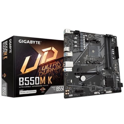M1331 - Placa Mãe AM4 Gigabyte B550M K DDR4 ( 4x DDR4 / 1 x slot PCI Express x16 / 1 x slot PCI Express x1 / 4x USB 3.2 Gen / 4x USB 2.0 / 1x HDMI / 1x DisplayPort )  <b>Compatível com os Proc AMD Ryzen Série 5000, 5ª, 4ª e 3ª Gerações</b>