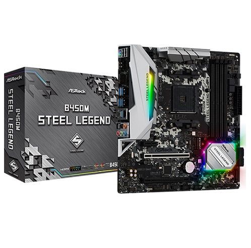 M1331 - Placa Mãe AM4 ASRock B450M STEEL LEGEND ( 4x DDR4 / 1x PCI-e 3.0 x16 / 2x PCI-e 2.0 x1 / 1x M.2 / 4x USB A 3.2 / 1x USB C 3.2 / 2x USB 2.0 / 1x DisplayPort / 1x HDMI / 1x PS2 / RAID ) <b>Compatível com os Proc AMD Ryzen 3ª, 4ª e 5ª Gerações AM4</b