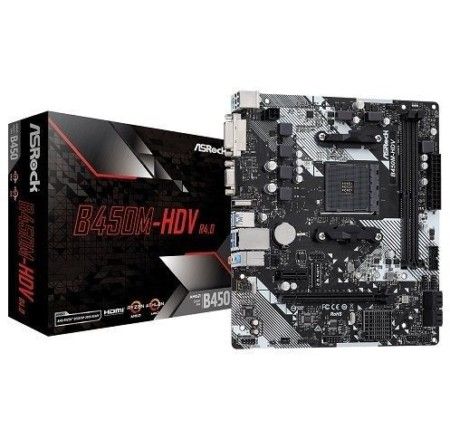 M1331 - Placa Mãe AM4 ASRock B450M-HDV R4.0 (2x DDR4 / 1x HDMI / 1x VGA / 1x DVI-D / 2x USB 2.0 / 4x USB 3.1 / 1x PS2 / 1x slot PCI-E x16 / 1x slot PCI-E x1 ) - Compatível com os processadores AMD Ryzen 3ª, 4ª e 5ª Gerações AM4