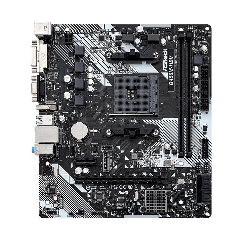 M1331 - Placa Mãe AM4 ASRock B450M-HDV R4.0 (2x DDR4 / 1x HDMI / 1x VGA / 1x DVI-D / 2x USB 2.0 / 4x USB 3.1 / 1x PS2 / 1x slot PCI-E x16 / 1x slot PCI-E x1 ) - Compatível com os processadores AMD Ryzen 3ª, 4ª e 5ª Gerações AM4
