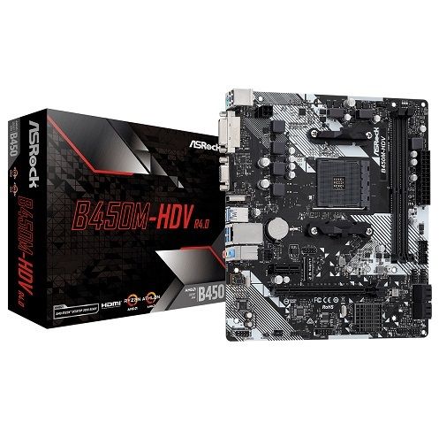 M1331 - Placa Mãe AM4 ASRock B450M-HDV R4.0 (2x DDR4 / 1x HDMI / 1x VGA / 1x DVI-D / 2x USB 2.0 / 4x USB 3.1 / 1x PS2 / 1x slot PCI-E x16 / 1x slot PCI-E x1 ) - Compatível com os processadores AMD Ryzen 3ª, 4ª e 5ª Gerações AM4