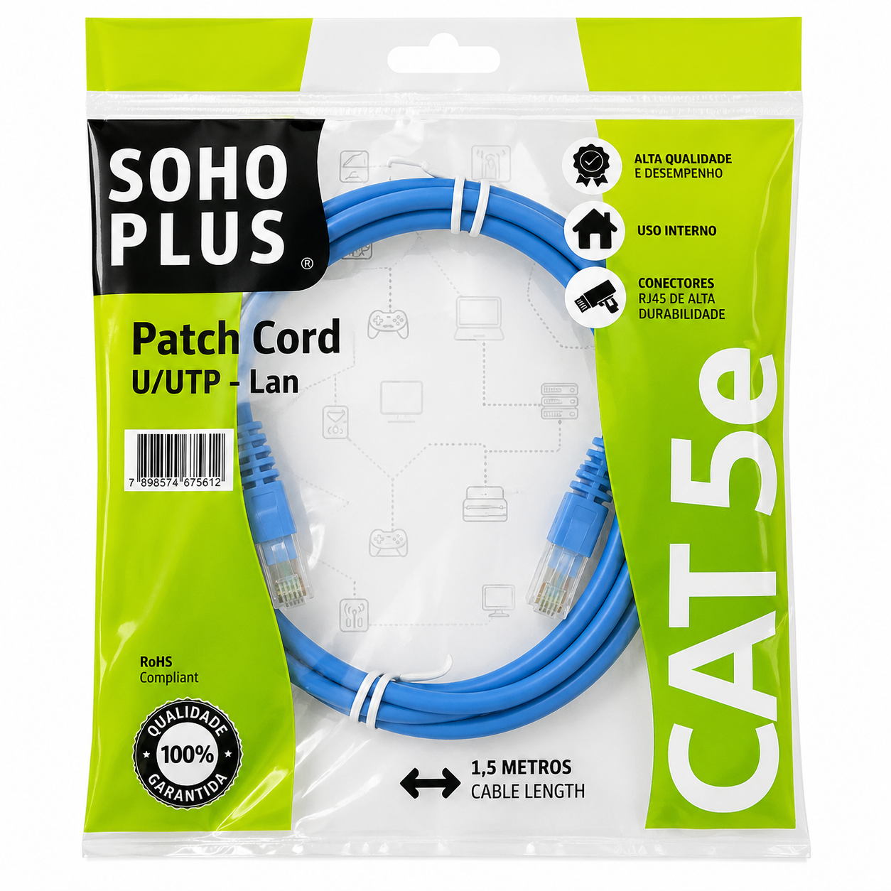 Patch Cord CAT5-E CMX T568A Azul 1,50 metros Sohoplus - 35104003
