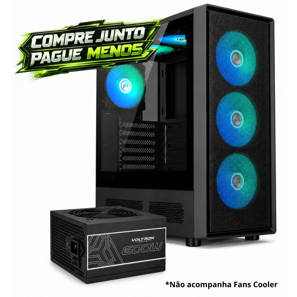 Kit Gabinete Gamer GAMEMAX Storm2 AB Black Lateral Vidro + Fonte 600W 80 Plus White Arktek (Sem Fan)