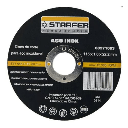Disco de Corte Aço Inox Starfer 4.1/2x7/8
