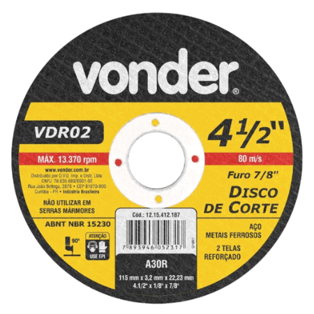 Disco de Corte para Ferro Vonder 4.1/2x7/8