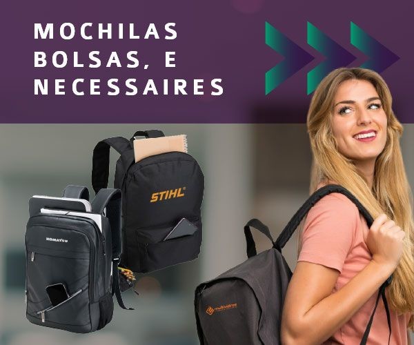 Duas Mochilas Pretas Personalizadas Para Brindes e Uma Mulher Jovem Com Mochila nas Costas