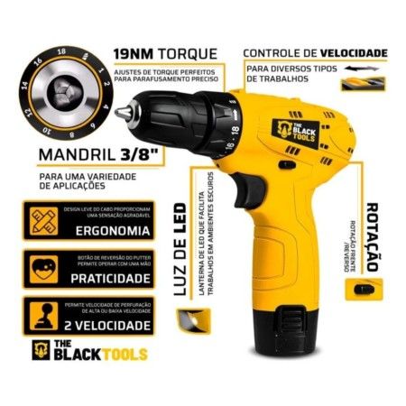 Parafusadeira Furadeira The Black Tools TB12A 3/8 a Bateria Cor Amarelo Frequência 60Hz