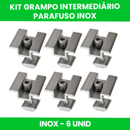 KIT FIXAÇÃO GRAMPO INTERMEDIARIO PARAFUSO INOX COM 6 UNIDADES