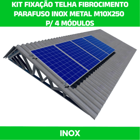 KIT FIXAÇÃO TELHA FIBROCIMENTO PARAFUSO INOX METAL  M10X250 PARA 4 MODULOS FOTOVOLTAICO