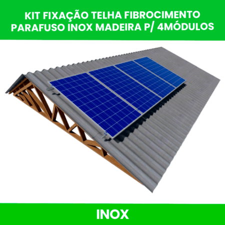 KIT FIXAÇÃO TELHA FIBROCIMENTO PARAFUSO INOX MADEIRA PARA 4 MODULOS FOTOVOLTAICO