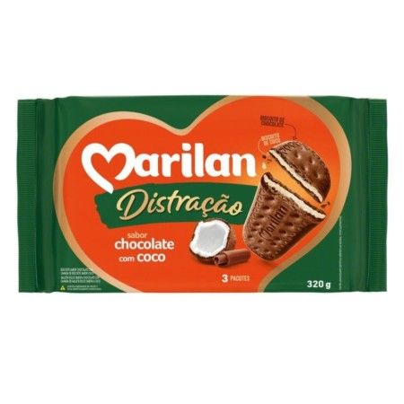 BISCOITO CHOCOLATE COM COCO MARILAN DISTRAÇÃO PACOTE 320G, KIT 3 UN