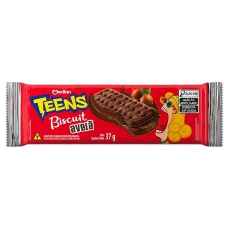 BISCOITO CHOCOLATE RECHEIO AVELÃ MARILAN TEENS BISCUIT 37GR, KIT 6 UN