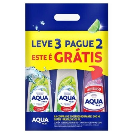 KIT 2 LIMPADORES DESENGORDURANTES COZINHA + 1 LIMPADOR MULTIUSO COM ÁLCOOL LAVANDA AQUAFAST 500ML, CX  C/6