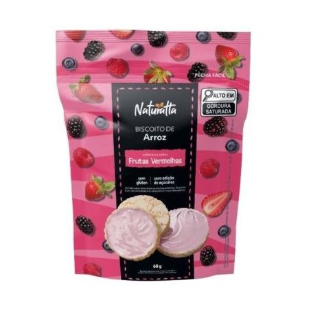 BISCOITO ARROZ NATURATTA COBERTURA FRUTAS VERMELHAS 60GR, KIT 4 UN