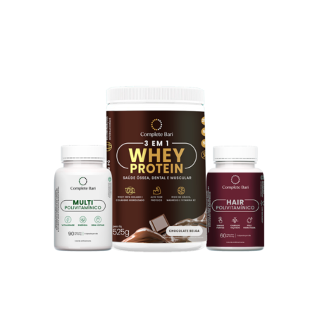 Kit 1 Multi + 1 Polivitaminico Cabelos e Unhas + 1 Whey Isolado Chocolate Belga Complete Bari