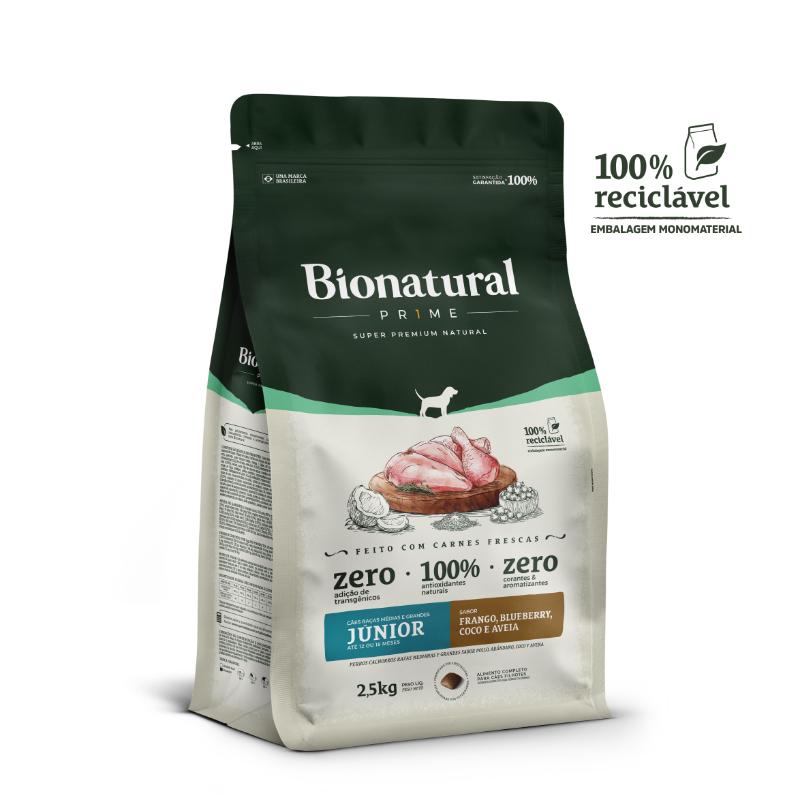 Ração Bionatural Prime Júnior Raças Médias e Grandes 2,5 Kg sabor Frango, Blueberry, Coco e Aveia