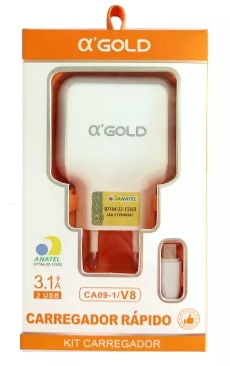 CARREGADOR CASA  AGOLD 4.1A V8 KIT CABO + FONTE 2 USB