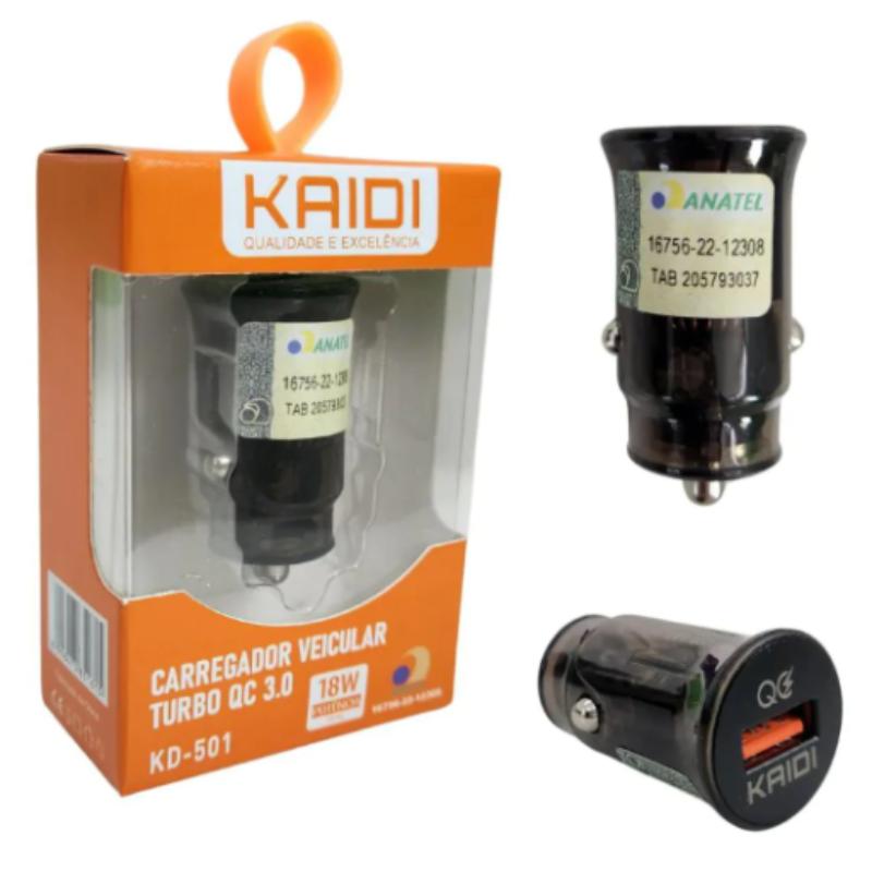 CARREGADOR VEICULAR CARRO 3A 18W KAIDI KD-501