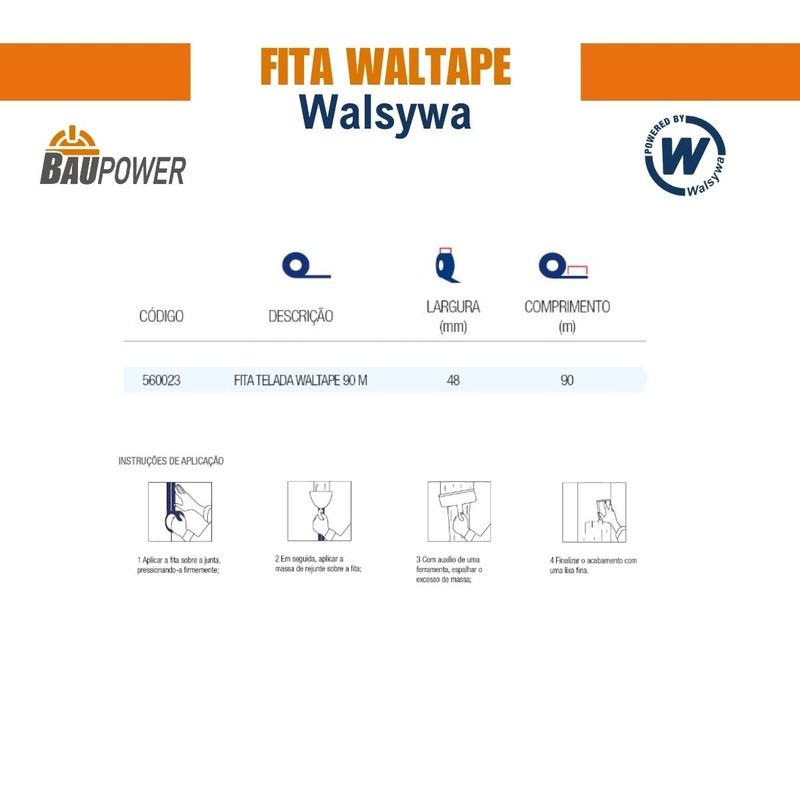 FITA TELADA WALTAPE 48 X 90 PARA TRATAMENTO DE JUNTAS – 24 UNIDADES