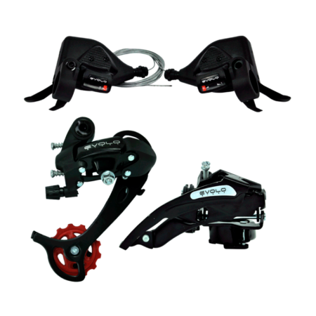 KIT CAMBIO MTB 2X8V ALAVANCA THUMB SHIFT + CAMBIO DIANT DUAL PULL + CAMBIO TRAS INDEX S50 - PRETO - EVOLO *EMBALAGEM FECHADA 25UN*