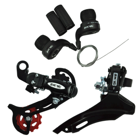 KIT CAMBIO MTB 2X7V ALAVANCA THUMB SHIFT +  CAMBIO DIANT DUAL PULL + CAMBIO TRAS INDEX - PRETO - SKY