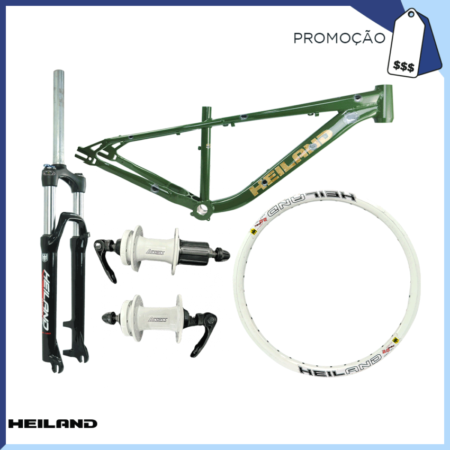 KIT FREERIDE QUADRO ALUM 26X13" FREERIDE VERDE MILITAR/AREIA HEILAND + GARFO 26 SUSP ALUM C/ TRAVA OMBRO CANELA 32MM PRELOAD TRAVEL 110MM NET 3.0 PRETO +  ARO 26x2.125 DH/FREERIDE C/ IILHÓS BRANCO HEILAND + PAR CUBO ALUM ESFERADO C/ BLOCAGEM ASSESS