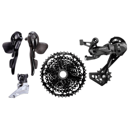 KIT CAMBIO GRAVEL 2X9V ALAVANCA + CAMBIO DIANT C/ ABRACADEIRA 34.9 C/ REDUTOR PARA 31.8 + CAMBIO TRAS CAGE LONGO CAPACIDADE MAXIMA 47T + CASSETE ALUM 11-42D - MICROSHIFT