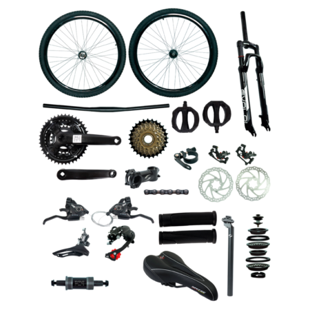 KIT MONTAGEM 29 *SEM QUADRO* 21V KIT CAMBIO EVOLO C/ ALAVANCA RAPID FIRE + GARFO SUSPENSAO EVOLO + FREIO A DISCO MECANICO + CANOTE 27.2 C/ CARRINHO + PEDIVELA TRIPLO AÇO 24/34/42D * RODA MONTADA C/ CUBO AÇO C/ EIXO  - EVOLO