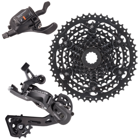 KIT CAMBIO MTB 1X8V ACOLYTE ALAVANCA + CAMBIO TRAS + CASSETE ACO 12-46D - MICROSHIFT