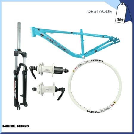 KIT FREERIDE QUADRO ALUM 26X13" FREERIDE AZUL CHICLETE/CINZA HEILAND + GARFO 26 SUSP ALUM C/ TRAVA OMBRO CANELA 32MM PRELOAD TRAVEL 110MM NET 3.0 PRETO + ARO 26x2.125 DH/FREERIDE C/ IILHÓS BRANCO HEILAND + PAR CUBO ALUM ESFERADO C/ BLOCAGEM ASSESS