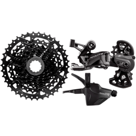 KIT CAMBIO MTB 1X8V ACOLYTE SUPER SHORT ALAVANCA ALUM + CAMBIO TRAS CAGE SUPER SHORT CAPACIDADE TOTAL 41T COG MAXIMO 42-46T + CASSETE ACO 11-38D PRETO - MICROSHIFT