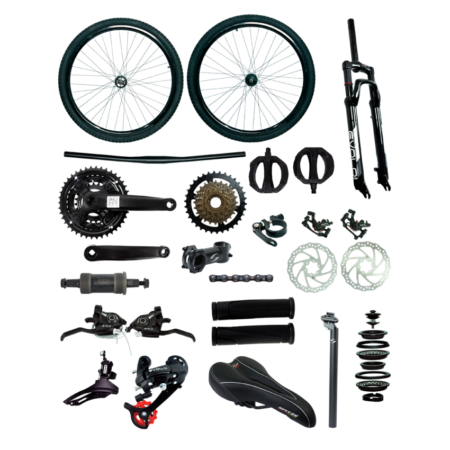 KIT MONTAGEM 29 *SEM QUADRO* 24V KIT CAMBIO EVOLO C/ ALAVANCA RAPID FIRE + GARFO SUSPENSAO EVOLO + FREIO A DISCO MECANICO + CANOTE 27.2 C/ CARRINHO + PEDIVELA TRIPLO AÇO 24/34/42D * RODA MONTADA C/ CUBO AÇO C/ EIXO  - EVOLO