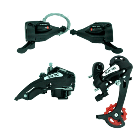 KIT CAMBIO MTB 2X8V ALAVANCA THUMB SHIFT +  CAMBIO DIANT DUAL PULL + CAMBIO TRAS INDEX - PRETO - SKY *EMBALAGEM FECHADA 25JG*