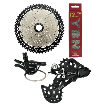 KIT CAMBIO MTB 1X12V ALAVANCA ALUM THUMB S/ VISOR + CAMBIO TRAS CAGE LONGO COG MAXIMO 52T CAPACIDADE TOTAL 43T C/ ESTABILIZADOR DE CORRENTE + CORRENTE 12V CINZA YABAN + CASSETE 12V 11-52D CINZA EVOLO - EVOLO