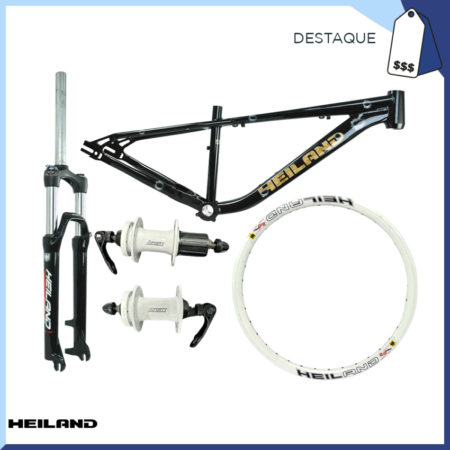 KIT FREERIDE QUADRO ALUM 26X13" FREERIDE PRETO/AREIA HEILAND + GARFO 26 SUSP ALUM C/ TRAVA OMBRO CANELA 32MM PRELOAD TRAVEL 110MM NET 3.0 PRETO + ARO ALUM AERO 26x2.125 BRANCO HEILAND + PAR CUBO ALUM ESFERADO C/ BLOCAGEM ASSESS